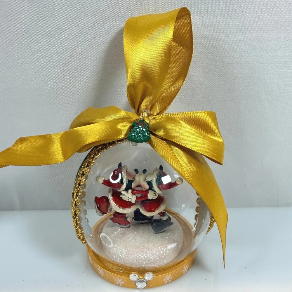 Disney Mickey Minnie Kissing Christmas Ornament Mistletoe Snow Globe Style
